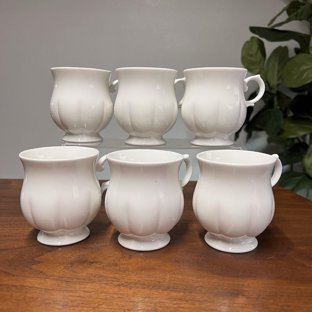 Set of 6 Block Windsor Bone China Mug 3.5" White Scalloped 10 oz Footed Classic